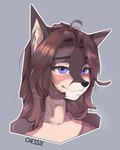 animal_ears anthro black_nose blush brown_hair female hair looking_at_viewer nude purple_eyes simple_background smile solo welive canid canine fox mammal artist_name bust_portrait portrait