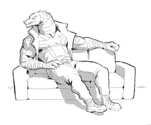 anthro arm_wraps belt biceps big_muscles biped bottomwear claws clothed clothed_anthro clothed_male clothing finger_claws footwear front_view fully_clothed fully_clothed_anthro fully_clothed_male furniture leaning leaning_backward looking_aside looking_down male muscular muscular_anthro muscular_male on_sofa open_clothing open_topwear open_vest pants plantigrade reclining scales shoes sitting sitting_on_sofa sleeveless_shirt snout sofa solo teeth thick_neck topwear vest wraps kingarthur_i tyrak_(kingarthur_i) crocodilian reptile scalie 2024 aliasing binary_drawing digital_drawing_(artwork) digital_media_(artwork) full-length_portrait greyscale monochrome portrait