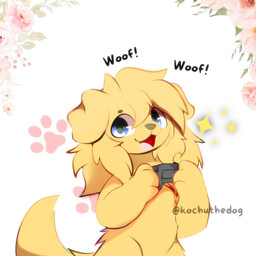 3_fingers blue_eyes controller ears_down female fingers flower fluffy fluffy_body footprint fur game_controller gaming_controller open_mouth pawprint pivoted_ears plant simple_background solo tail tongue white_background yellow_body kochu_the_dark_moon bird_dog canid canine canis domestic_dog golden_retriever hunting_dog mammal retriever 1:1 hi_res