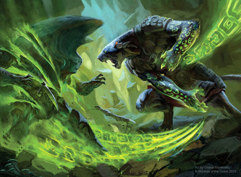 angry anthro armor claws crouching digitigrade duo fur magic male open_mouth rock tail teeth whiskers oriana_menendez hasbro magic:_the_gathering wizards_of_the_coast felid humanoid mammal 2023 hi_res official_art