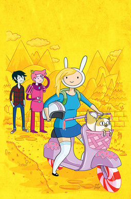 armor backpack basket black_hair bottomwear breasts clothed clothing cloud container crown denim denim_bottomwear denim_clothing dot_eyes female feral food footwear fungus grass group hair headgear helmet jeans male mountain mushroom pants pink_hair plant prince royalty scooter shirt shoes simple_eyes skirt smile sneakers tail topwear tree vehicle matt_talbot adventure_time adventure_time_(kaboom!) adventure_time_with_fionna_&_cake cartoon_network fionna_and_cake_(franchise) cake_the_cat fionna_the_human marshall_lee prince_gumball avian bird candy_people_(at) demon domestic_cat felid feline felis food_creature human humanoid mammal vampire worm digital_media_(artwork) hi_res official_art