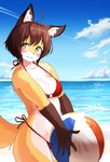 anthro ball beach_ball bikini blush breasts brown_hair canid canine clothing cloud collarbone female fox fur hair hi_res holding_object inflatable inner_ear_fluff kagarimachi_ame kemono looking_at_viewer mammal neck-tie_bikini neck-tie_clothing neck-tie_swimwear o-ring o-ring_bikini o-ring_bikini_top o-ring_swimwear red_bikini red_clothing red_swimwear sea smile solo standing string_bikini swimwear tail-tie_bikini tail-tie_clothing tail-tie_swimwear translucent tuft water white_body white_fur yellow_body yellow_eyes yellow_fur