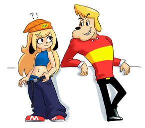 anthro blonde_hair bottomwear clothing crossgender denim denim_bottomwear denim_clothing duo female femboy flat_chested frown hair interrobang jeans long_hair male midriff navel pants sagging_pants smile standing minus8 parappa_the_rapper sony_corporation sony_interactive_entertainment joe_chin parappa parappa_the_trappa canid canine canis domestic_dog mammal 2018