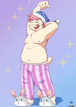 ahoge animal_slippers anthro belly buckteeth bunny_slippers clothed clothing eyes_closed footwear gradient_background hair hat headgear headwear male moobs navel nightcap nipples open_mouth overweight overweight_male pajama_pants pajamas pattern_clothing pink_hair shoes simple_background slightly_chubby slippers solo sparkles star stretching teeth tongue topless whiskers yawn bluechubbywolf joshie_(calahootheyeen) hare lagomorph leporid mammal rabbit 2021 hi_res
