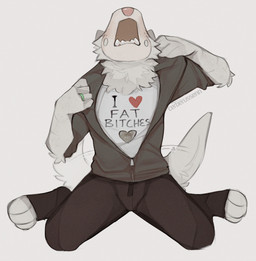 anthro bottomwear clothing freckles fur heart_symbol jacket kneeling male markings mole_(marking) opening_jacket pants paw_socks profanity ring_(jewelry) scar scars_all_over shirt solo tail tail_motion tailwag topwear white_body white_fur yelling cerberussenn meme_clothing louie_sweeto_(cerberussenn) rj_holiday_(cerberussenn) canid canine canis domestic_dog livestock_guardian_dog mammal molosser mountain_dog pastoral_dog tibetan_mountain_dog wolf absurd_res hi_res meme signature