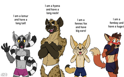4_fingers anthro biped blush bulge claws clothed clothing countershade_fur countershade_torso countershading dipstick_tail embarrassed eyes_closed femboy fingers fur grey_body grey_fur group male markings open_mouth open_smile smile tail tail_markings text topless topless_anthro topless_male underwear underwear_only nikraccoom canid canine fennec_fox fox hyena lemur mammal primate ring-tailed_lemur spotted_hyena strepsirrhine true_fox 2025 english_text hi_res