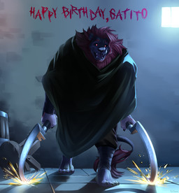 anthro armband barefoot barrel beard biped black_armband black_bottomwear black_claws black_cloak black_clothing black_nose black_pants black_sclera bottomwear claws cloak clothed clothing cosplay detailed_background dual_wielding eyebrows facial_hair fangs feet finger_claws front_view fully_clothed fur furniture glowing glowing_eyes grey_body grey_fur grey_tail hair happy_birthday holding_object holding_sickle holding_weapon humanoid_hands lights looking_at_viewer male mane open_mouth open_smile pants pupils red_beard red_eyebrows red_eyes red_facial_hair red_hair red_mane red_tail_tuft shadow sickle smile solo sparks stone_floor stone_wall stool tail tail_tuft teeth text thin_tail toe_claws tongue_showing tuft walking walking_towards_viewer wall_(structure) weapon white_pupils purtropos dreamworks puss_in_boots_(franchise) death_(puss_in_boots) rike_(troy300) felid lion mammal pantherine 2023 absurd_res digital_media_(artwork) english_text full-length_portrait hi_res portrait signature