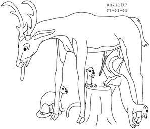 ambiguous_gender antlers balls erection feral fur genitals group horn interspecies male male/male nude_male oral penis size_difference standing stump tail tongue tongue_out toony urbanhermit deer mammal mustelid musteline true_musteline weasel 1977 20th_century ancient_art black_and_white dated low_res monochrome