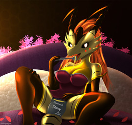 4_arms antennae_(anatomy) anthro bedroom_eyes breasts clothed clothing eyebrows eyelashes featureless_breasts featureless_crotch female fingers food hair holidays honey_(food) looking_at_viewer membrane_(anatomy) membranous_wings multi_arm multi_limb narrowed_eyes orange_hair seductive sitting solo wings yellow_body telleryspyro heralds_of_the_avirentes the_beexen's_tale valentine's_day beexen arthropod bee hymenopteran insect 2025 hi_res