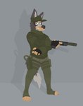 anthro belt_pouch canid canine canis clothing domestic_dog fangs fingerless_gloves footwear gloves grin gun handgun handwear harness hat headgear headwear hi_res holster legwear male mammal pistol ranged_weapon ricthecusco smile sneer socks solo sweater teeth thigh_highs thigh_socks topwear turtleneck underwear weapon