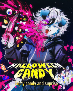 ambiguous_gender anthro blue_eyes candy candy_gore clothed clothing collar dessert food gore holidays hoodie knife liquid looking_at_viewer solo text topwear yellow_eyes ttnntt halloween yean_(kianyemao) absurd_res hi_res