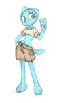 3_toes anthro barefoot blue_body blue_fur bottomwear cargo_shorts clothing crop_top feet female fur gesture hand_gesture midriff navel paws plantigrade shirt shorts simple_background solo toes topwear v_sign white_background filthypally cartoon_network the_amazing_world_of_gumball nicole_watterson domestic_cat felid feline felis mammal 2024 colored_sketch hi_res sketch