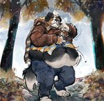 airborne_object anthro autumn belly belly_overhang big_belly black_body black_fur brown_body brown_fur button_(fastener) button_pop claws clothed clothing detailed_background fur male midriff muffin_top navel obese obese_anthro obese_male outside overweight overweight_anthro overweight_male plant scarf solo standing straining_buttons struggling tight_clothing toe_claws tree unbuttoned wardrobe_malfunction white_body white_fur aokamidu sam_(thesammon) bernese_mountain_dog canid canine canis domestic_dog mammal molosser mountain_dog swiss_mountain_dog