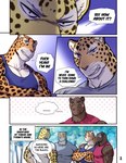 anthro charr_(maririn) clothed clothing comic dialogue ellipsis english_text felid group hi_res jaguar johnathan_fretchman leopard male mammal maririn muscular muscular_anthro muscular_male pantherine speech_bubble text tobias_fretchman tyson_clawing whiskers