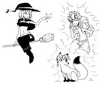 2018 before_and_after breasts broom canid canine cleaning_tool clothed clothing duo female feral flying fox hair human human_to_feral magic magic_user mammal monochrome navel short_hair simple_background species_transformation standing surprise transformation white_background witch xbc9