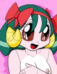 accessory big_eyes bow_(feature) bow_accessory bow_ribbon breasts brown_eyes covering covering_breasts covering_self female hair hair_accessory hair_bow hair_ribbon horn nipples open_mouth open_smile ribbons smile solo teal_hair tongue toony shep samurai_pizza_cats lucille_(samurai_pizza_cats) bovid bovine mammal