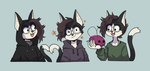 :3 ambiguous_gender anthro black_body black_clothing black_fur black_hoodie black_topwear blue_background blush brown_hair clothing dipstick_tail duo eyebrows eyewear facial_piercing fur glasses grey_clothing grey_hoodie grey_topwear hair hoodie inner_ear_fluff insect_wings long_sleeves markings nose_piercing nose_ring open_mouth piercing prick_ears red_body ring_piercing simple_background solo star tail tail_markings tail_tuft tongue topwear tuft white_body white_fur white_inner_ear wings osmoru cohost eggbug_(cohost) jkap_(fursona) arthropod domestic_cat felid feline felis insect mammal 2022 bust_portrait hi_res multiple_images portrait shaded nonbinary_(lore) trans_(lore) trans_woman_(lore)