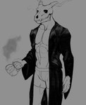 abs bathrobe bone clothing container cup horn male mug navel robe simple_background skull skull_head solo standing underwear oker_yo elias_ainsworth digital_drawing_(artwork) digital_media_(artwork) hi_res monochrome sketch