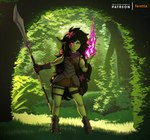 accessory armor armored_boots black_hair blue_eyes bottomwear clothing female flower flower_in_hair forest forest_background gauntlets glaive gloves glowing glowing_eyes grass green_body green_skin hair hair_accessory handwear heterochromia leaf looking_at_viewer magic melee_weapon muscular muscular_female nature nature_background plant polearm purple_eyes scenery shrub skirt smile snaggle_tooth solo text tree weapon feretta dungeons_and_dragons hasbro wizards_of_the_coast goblin 2025 english_text hi_res