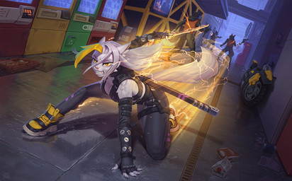 action_pose action_scene alley anthro biped blonde_highlights bottomwear breasts claws clothed clothed_anthro clothed_female clothed_male clothing cyberpunk dutch_angle female fingers footwear front_view fully_clothed fully_clothed_anthro fully_clothed_female fully_clothed_male fur gloves group gun hair handwear highlights_(coloring) looking_at_viewer machine male melee_weapon motion_lines motorcycle outside pose ranged_weapon rear_view shoes standing sword teeth topwear vehicle vending_machine weapon white_body white_fur yellow_eyes yellow_lighting hacatiko zefirka_(hacatiko) domestic_cat felid feline felis mammal 2026 digital_drawing_(artwork) digital_media_(artwork) hi_res