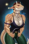 anthro biceps breasts brown_hair clothing dominant dominant_female female fingers flexing glistening glistening_breasts hair military muscular muscular_anthro non-mammal_breasts presenting red_eyes scar shirt simple_background smile smirk solo tan_body tank_top topwear nansti velda kobold scalie digital_media_(artwork) hi_res