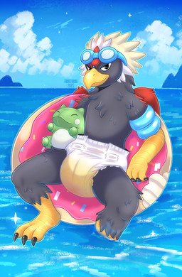 3_fingers 3_toes animal_feet anthro arm_floatie back_wings beak black_claws black_eyes black_finger_claws black_talons black_toe_claws blue_cere blue_eyewear blue_goggles bodily_fluids cere_(anatomy) claws closed_smile clothed clothing cloud dangling_legs detailed_background diaper diaper_fetish diaper_use donut_pool_toy eyewear eyewear_on_head feather_hair feathered_crest feathered_wings feathers feet finger_claws fingers floatie floating floating_on_water foot_in_water front_view genital_fluids glistening glistening_eyes goggles goggles_on_head grey_arms grey_body grey_face grey_feathers grey_legs head_crest leg_in_water looking_at_viewer male mountain mouth_closed multicolored_body multicolored_feathers plushie pokemorph pool_float pseudo_hair red_arms red_back red_body red_feathered_crest red_feathers red_wings scuted_arms scuted_feet scuted_hands scuted_legs scutes sea sitting sky skyscape smile smiling_at_viewer solo sparkles star talon_hands talons tan_feather_hair text three-quarter_view toe_claws toes unclean_diaper urine used_diaper water wearing_diaper wet_diaper white_feathered_crest wings yellow_arms yellow_beak yellow_feet yellow_hands yellow_legs fructoruu nintendo pokemon fan_character nado_soarian substitute_doll accipitrid accipitriform avian bird braviary eagle generation_5_pokemon pokemon_(species) 2025 artist_name colored digital_drawing_(artwork) digital_media_(artwork) hi_res portrait