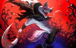 abs anthro arm_wrapping arm_wraps athletic bottomwear cheek_tuft cloak clothing dual_wielding facial_markings facial_tuft fangs fluffy fluffy_tail fur fuzzy glowing glowing_eyes grey_body grey_fur head_markings head_tuft high-angle_view holding_object holding_weapon leg_wrap leg_wraps looking_at_viewer male markings mask_(marking) narrowed_eyes navel neck_tuft on_one_leg open_mouth open_smile pants perspective poncho pose red_background red_eyes sickle simple_background smile solo standing stylized tail teeth tongue tongue_out torn_clothing tuft weapon weapon_holster wrapped_arms wrapped_legs wraps kmn357loudon dreamworks puss_in_boots_(franchise) death_(puss_in_boots) canid canine canis mammal wolf hi_res