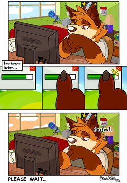 4_fingers afternoon anthro biped black_border black_claws black_text border brown_body brown_eyebrows brown_fur calendar claws clothed clothing cloud computer countershade_torso countershading day desk detailed_background dialogue electronics eyebrows fingers front_view fur furniture gesture grey_clothing grey_topwear half-closed_eyes head_tuft inner_ear_fluff inside lamp loading looking_away male monitor morning narrowed_eyes neck_tuft red_eyes screen sitting sky solo table tan_body tan_countershading tan_fur text three-quarter_view toony topwear tuft white_border white_text window kaohto kaohto_(character) bear canid canine fox hybrid mammal 2018 comic dated digital_drawing_(artwork) digital_media_(artwork) english_text hi_res multiple_scenes signature