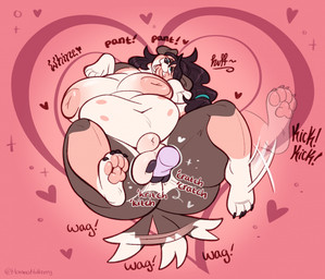 animal_genitalia anthro belly big_breasts black_nose blue_eyes breasts breath brown_body brown_fur claws dark_hair disembodied_hand duo feet flaccid fur genitals gynomorph half-closed_eyes hand_on_balls heart_symbol intersex kick looking_pleasured multi_nipple narrowed_eyes navel nipples nude overweight overweight_anthro overweight_gynomorph overweight_intersex panting pawpads penis scratching_balls sheath solo_focus sound_effects tail tail_motion tailwag text toe_claws tongue tongue_out whining white_body white_fur mulberrytarthorse gigi_(mulberrytarthorse) canid canine canis domestic_dog mammal hi_res signature trans_(lore) trans_woman_(lore)