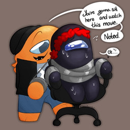 beanie biped black_body blue_eyes blush bodily_fluids bottomwear bound bound_to_object bullying chair christmas_clothing christmas_headwear clothed clothing duct_tape duo fangs female furniture hair hat headgear headwear holidays jacket male not_furry office_chair open_mouth orange_body pants santa_hat shirt simple_background smile sweat tape teeth text tongue topwear demon_ascended among_us christmas innersloth crewmate_(among_us) impostor_(among_us) notedarrow33 sissy_amz-wolfe_(demon_ascended) humanoid hybrid 1:1 colored digital_drawing_(artwork) digital_media_(artwork) english_text shaded signature
