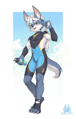4_toes 5_fingers anthro aroused aroused_face athletic athletic_anthro athletic_male black_bodysuit black_clothing black_skinsuit black_stirrups blue_background blue_bodysuit blue_clothing blue_eyes blue_highlights blue_markings blue_skinsuit blush blush_lines bodily_fluids bodysuit border bottle bulge cheek_tuft claws clothing container cross_eyes cute_fangs detailed_bulge ear_piercing ear_ring erection erection_under_clothing eyebrows facial_tuft fangs feet fingers footwear fur fur_markings genital_fluids genital_outline grey_body grey_ears grey_fur grey_sclera grey_tail hair highlights_(coloring) holding_bottle holding_container holding_object holding_towel holding_water_bottle inner_ear_fluff leaking_precum logo looking_at_viewer male markings multicolored_bodysuit multicolored_clothing multicolored_skinsuit open_mouth outline penis_outline piercing pink_inner_ear plant precum precum_through_clothing ring_piercing saliva saliva_string simple_background skinsuit solo spandex spandex_clothing spandex_suit stirrup_footwear tail teeth tenting text tight_clothing toe_claws toes tongue tongue_out towel towel_on_shoulder tree tuft water_bottle wet wet_clothing white_body white_bodysuit white_border white_clothing white_eyebrows white_fur white_hair white_inner_ear_fluff white_outline white_skinsuit white_tail yellow_bodysuit yellow_clothing yellow_markings yellow_skinsuit ka1zy301 canid canine canis mammal wolf absurd_res artist_logo artist_name english_text hi_res