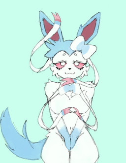 :3 anthro arm_tuft big_tail blue_body blue_fur bow_(anatomy) breasts cheek_tuft covering covering_crotch eyelashes facial_tuft featureless_breasts female female_anthro fluffy fluffy_tail front_view fur leg_tuft looking_at_viewer medium_breasts narrowed_eyes navel nude pink_body pink_eyes pink_fur pokemorph ribbons_(anatomy) shoulder_tuft small_waist smile solo tail thigh_tuft tuft white_body white_fur mun_rue nintendo pokemon eeveelution generation_6_pokemon pokemon_(species) shiny_pokemon sylveon 2026 digital_drawing_(artwork) digital_media_(artwork) hi_res