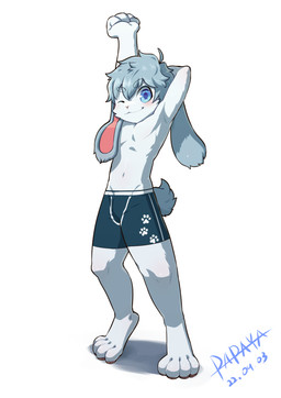 anthro black_bottomwear black_clothing black_underwear blue_eyes blush bottomwear clothed clothing front_view fur glistening glistening_eyes grey_body grey_fur grey_hair hair looking_at_viewer male mouth_closed one_eye_closed pants pattern_bottomwear pattern_clothing pattern_pants pattern_underwear shadow simple_background solo standing topless underwear white_background white_body white_fur papayafurry lagomorph leporid mammal rabbit 2022 dated full-length_portrait hi_res portrait signature
