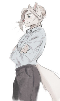 5_fingers anthro bangs bent_arm blue_dress_shirt blue_eyes bottomwear closed_smile clothed clothed_anthro clothed_male clothing crossed_arms eyebrows fingers fully_clothed fully_clothed_anthro fully_clothed_male fur grey_bottomwear grey_clothing grey_eyebrows grey_pants hair hair_bun half-closed_eyes inner_ear_fluff light long_tail male male_anthro mature_anthro mature_male mouth_closed narrowed_eyes pants pink_nose pockets simple_background smile solo tail text tuft whisker_spots whiskers white_background white_body white_fur white_hair white_inner_ear_fluff white_tail angellumen alex_(angellumen) felid feline mammal 2025 absurd_res colored colored_sketch digital_drawing_(artwork) digital_media_(artwork) english_description english_text hi_res lighting portrait shaded sketch three-quarter_portrait