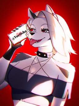 anthro cellphone collar electronics female gradient_background holding_object holding_phone looking_at_viewer phone red_background simple_background smartphone solo spiked_collar spikes tongue tongue_out yue0sha hellaverse helluva_boss mythology loona_(helluva_boss) canid canid_demon canine canis demon hellhound mammal mythological_canine mythological_creature absurd_res hi_res
