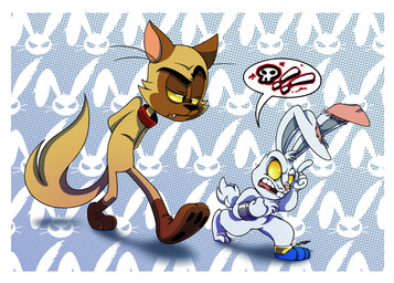 angry anthro black_eyes black_nose brown_body brown_ears brown_fur brown_tail buckteeth chest_tuft collar cuffs_(clothing) duo eyebrows fangs fist fur gesture hair half-closed_eyes hand_gesture hands_behind_back long_ears looking_at_another male multicolored_body multicolored_fur narrowed_eyes notched_ear pink_nose pointing raised_eyebrow red_collar scut_tail sharp_teeth short_tail speech_bubble tail teeth tongue tuft two_tone_body two_tone_fur walking white_body white_ears white_fur white_hair white_tail white_tuft yellow_sclera 8-bit-britt bunnicula_(series) crystal_dynamics whiplash_(game) chester_(bunnicula) redmond_(whiplash) domestic_cat felid feline felis lagomorph leporid mammal rabbit 2018 digital_media_(artwork)