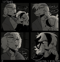 anthro clothed clothing dialogue female male text trapped shutupjen dante_(shutupjen) ouija_(shutupjen) canid canine canis domestic_dog mammal comic english_text hi_res