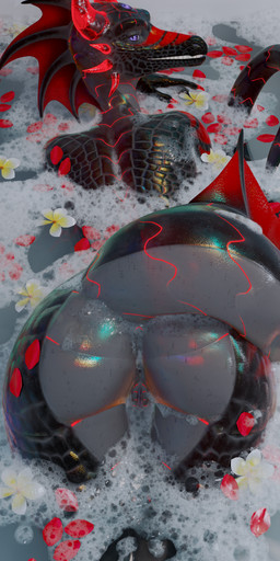 anthro bathtub black_body bubble butt claws female genitals horn markings nude petals purple_eyes smile solo tail teeth vulva water doktor-savage mythology savage_(doktor-savage) dragon mythological_creature mythological_scalie scalie 3d_(artwork) absurd_res blender_(artwork) blender_cycles_(artwork) digital_media_(artwork) hi_res