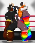 anthro balls_outline big_bulge biped black_body black_fur bulge butt_bump clothing detailed_bulge duo fur genital_outline huge_bulge hyper hyper_bulge luchador male male_anthro multicolored_clothing muscular muscular_anthro muscular_male plantigrade rainbow_clothing wrestler alythewolfcat jason_julardas american_opossum bovid bovine cattle mammal marsupial hi_res