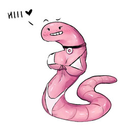 armless bikini bikini_thong bikini_top blush blush_lines breasts busty_feral choker clothing female feral jewelry legless navel necklace no_limbs pink_body simple_face smile solo swimwear teeth text two-piece_swimsuit what white_bikini white_clothing white_swimwear andyxtal annelid earthworm worm
