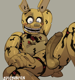 anthro balls big_penis blush butt erection genitals glans grey_background looking_at_genitalia looking_at_penis looking_down machine male male_anthro penis segmented_body simple_background sitting sitting_on_ground solo spread_legs spreading tail teeth vein veiny_penis yellow_body spicyramen five_nights_at_freddy's five_nights_at_freddy's_3 scottgames springtrap_(fnaf) animatronic lagomorph leporid mammal rabbit robot robot_anthro absurd_res hi_res