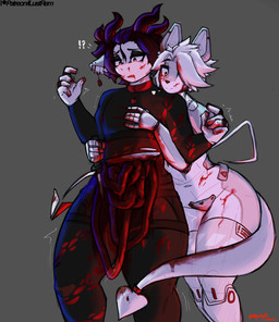 anthro blood bodily_fluids bodysuit clothing cut_open cybernetics duo gore grabbing_from_behind guts intestines knife machine male male/male organs skinsuit tight_clothing remilust dreddy_(dreddyhypno) bovid canid canine caprine cyborg hybrid imp mammal absurd_res hi_res