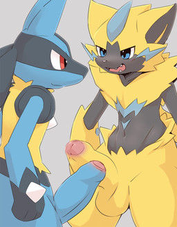 3_fingers anthro anthro_on_anthro balls big_penis biped black_body black_fur blue_body blue_eyes blue_fur blue_penis blue_whiskers blush blush_lines cheek_tuft chest_spike closed_smile duo erection eye_contact facial_tuft fangs fingers foreskin fur genitals glans glistening glistening_eyes gloves_(marking) grey_background grey_body grey_fur hand_spike humanoid_genitalia humanoid_penis looking_at_another male male/male male_anthro markings mouth_closed multicolored_body multicolored_fur navel neck_tuft nude nude_anthro nude_male open_mouth open_smile partially_retracted_foreskin penis pink_glans pointy_ears prick_ears red_eyes simple_background smile spikes spikes_(anatomy) tail teeth tongue tuft whiskers white_nose yellow_balls yellow_body yellow_fur yellow_penis yellow_tail pu_sukebe nintendo pokemon canid canine felid feline generation_4_pokemon generation_7_pokemon legendary_pokemon lucario mammal pokemon_(species) zeraora 2021 digital_drawing_(artwork) digital_media_(artwork) hi_res