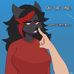 anthro black_hair clothing dialogue duo ears_up eyebrows eyelashes female fur grey_body grey_fur hair holiday_message holidays male red_clothing red_eyes red_hair red_sweater red_topwear sweater teeth teeth_showing text topwear touching_face gorgonwriting christmas freya_(gorgonwriting) human mammal 1:1 absurd_res english_text hi_res