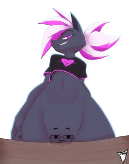 anthro black_claws black_clothing black_shirt black_topwear bodily_fluids bottomless breasts broken_heart_symbol claws clothed clothing eyebrows female furniture genital_fluids glowing glowing_eyes grey_body grey_skin hair hand_behind_back hand_on_leg hand_on_thigh markings navel nipple_outline pink_eyes pink_hair pupils purple_body purple_skin raised_eyebrows sharp_teeth shirt simple_background slit_pupils small_breasts smile smiling_at_viewer smirk smirking_at_viewer solo star_symbol table teeth thick_thighs topwear vaginal_fluids white_background white_hair bmbrigand cartoon_network pussy-cat_(meme) the_amazing_world_of_gumball arete nicole_watterson unknown_species 2026 digital_media_(artwork) digital_painting_(artwork) hi_res meme painting_(artwork) watermark