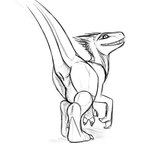 1:1 2023 3_fingers adeer ambiguous_gender animal_genitalia biped claws cloaca digitigrade dinosaur dromaeosaurid feathered_crest feathers feet feral finger_claws fingers full-length_portrait genitals greyscale head_crest hi_res looking_back monochrome open_mouth open_smile portrait raised_tail rear_view reptile scalie smile solo standing tail teeth theropod toe_claws vertical_cloaca