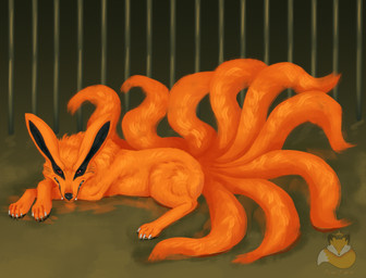 4_toes bars black_body black_fur black_inner_ear black_nose black_pawpads cage claws feet feral fur hair looking_at_viewer lying male multi_tail orange_body orange_fur pawpads prison_bars prison_cell red_eyes reflection simple_background solo tail teeth toes water prince-vulpine mythology naruto kurama canid canine fox fox_spirit mammal tailed_beast hi_res