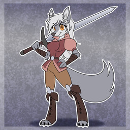 anthro armor boots clothing female footwear fur gambeson greatsword grey_body grey_fur grey_hair hair hand_on_hip knee_pads leather leather_boots leather_clothing leather_footwear melee_weapon orange_eyes shoes smile solo style_emulation sword tail vambrace weapon gndthr323 kiruss canid canine canis mammal wolf 1:1 absurd_res hi_res