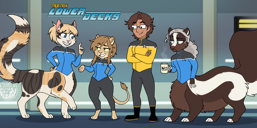 anthro barefoot black_nose blue_eyes boots bottomless bottomless_taur breasts clothed clothed_female clothed_male clothed_taur clothing feet female fluffy fluffy_tail footwear group male pink_nose shoes starfleet_uniform tail tail_tuft tuft uniform yellow_sclera thecatnamedfish star_trek star_trek_lower_decks lykala_(thecatnamedfish) m'ria_(thecatnamedfish) patches_(thecatnamedfish) caitian chakat felid felid_taur human mammal mammal_taur mephitid mephitid_taur skunk skunk_taur taur hi_res herm_(lore)