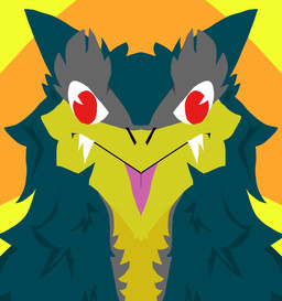 anthro blep fangs fur green_body green_fur grey_body grey_fur male red_eyes solo teeth tongue tongue_out yellow_body yellow_fur zake_(artist) brom_(sahurus) sergal hi_res icon portrait
